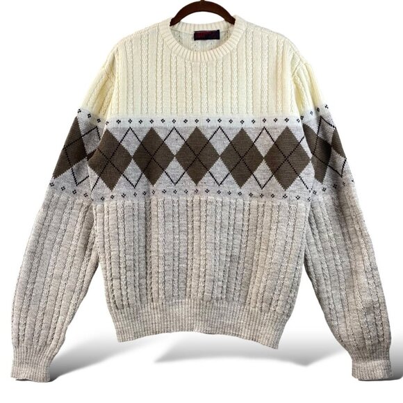 Vintage Anthony Foxx Argyle Sweater Mens Sz L Brown/Ivory Crew Neck Cable Knit - Picture 1 of 10